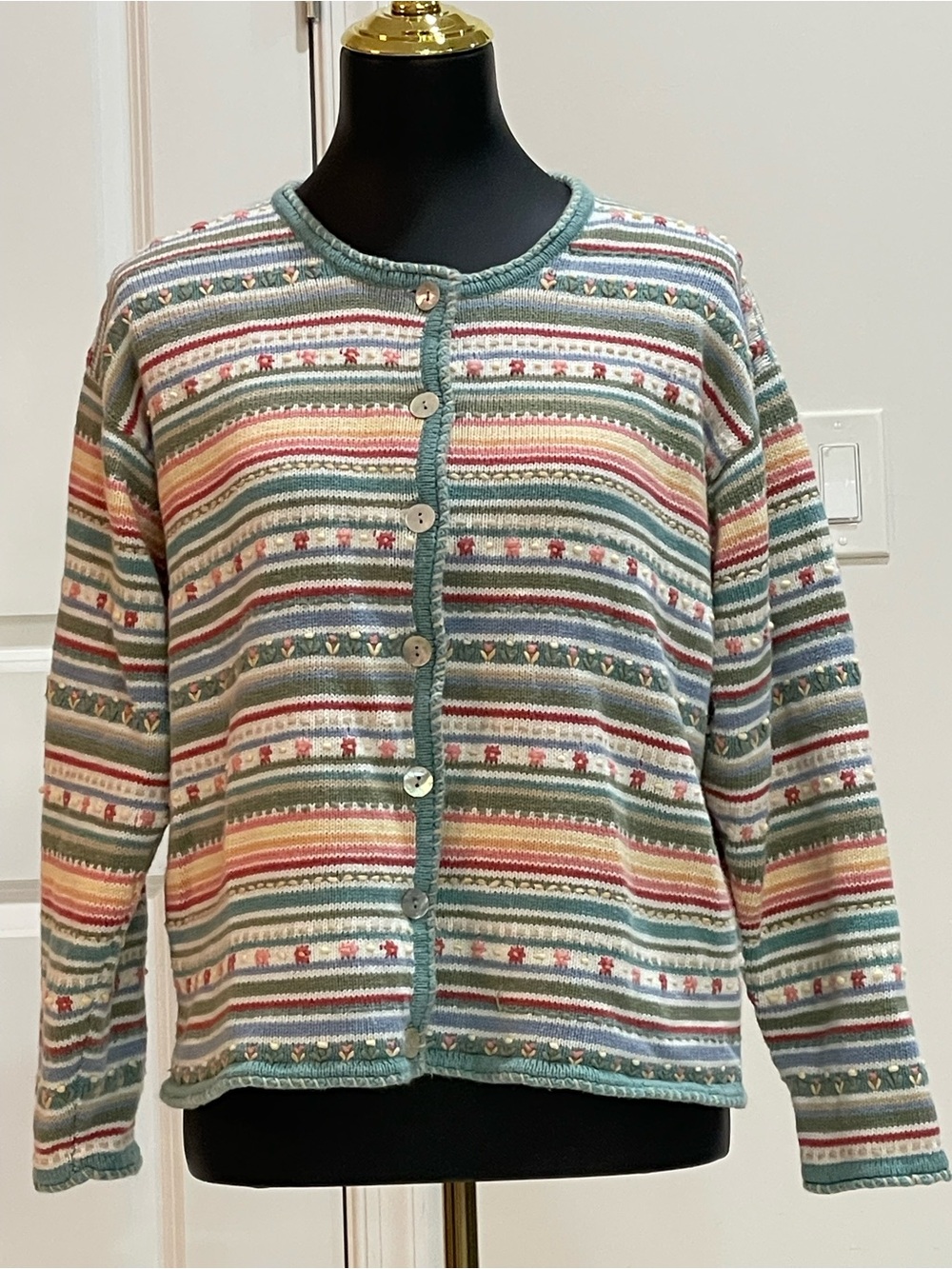 Striped Pastel Button-Front Floral Cardigan Sweater-Green/Pink Large By Thyme
